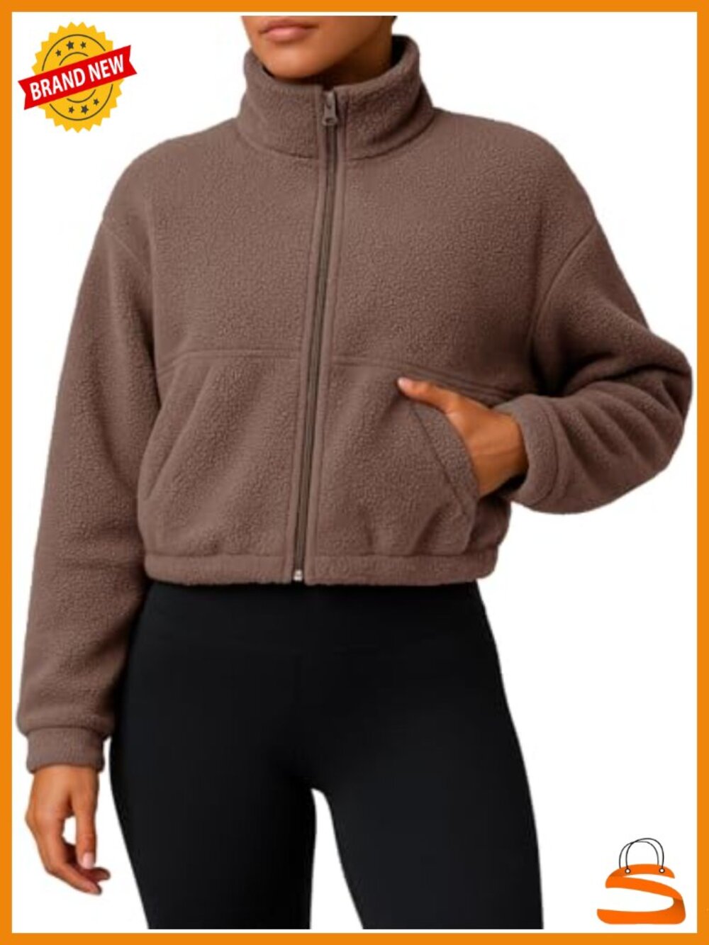 Sherpa Fleece Cropped Full Zip Jacket Cozy Fuzzy Coat